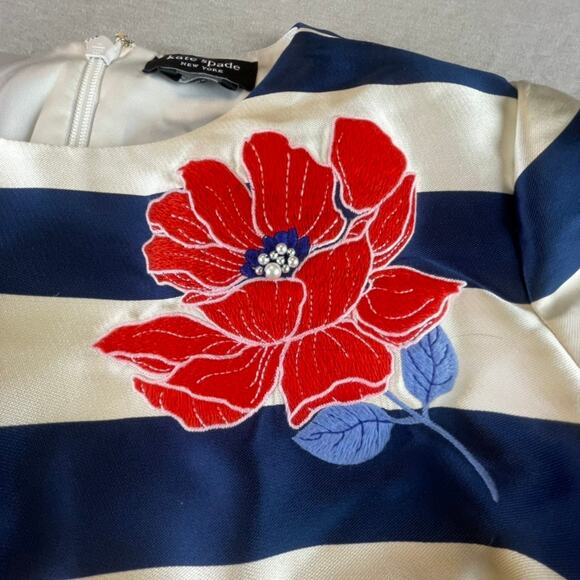 Kate Spade New York Embroidered Floral Stripe Mini Dress Cream and French Navy 6 - Picture 4 of 10